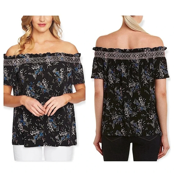 Cece Womens Floral Off The Shoulder Black Blouse L - Picture 1 of 6